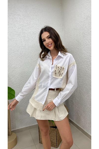 MODA Cămașă lungă cu buzunar etamină cu garnitură albă pentru femei