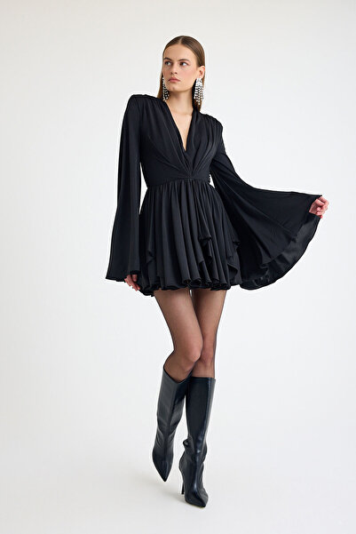 TARA COŞKUNTUNCEL V yaka geniş kol vatka detaylı  mini elbise