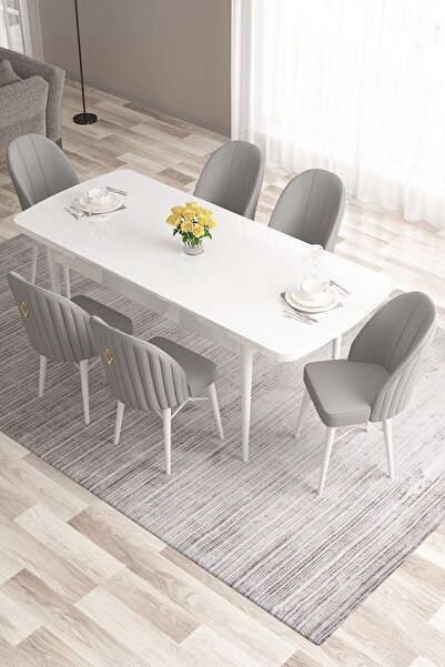 Canisa Concept Elf Serisi 80x132 Açılabilir Beyaz Mermer Desen Masa Takımı 6 Gri Sandalye Gold Halkalı