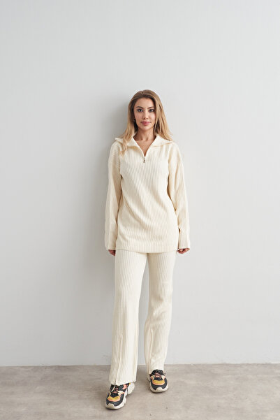 Rabia Çelik Kadın Bej Fermuarlı Pantolon Kazak Triko Kışlık Alt Üst Takım