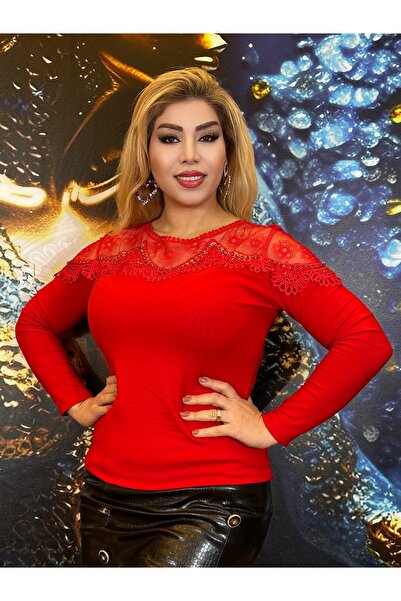 Yeşilmoda bluz  Uzun kollu kirmizi crystal taşlar likrali dantel detayli şik tasarim Yüksek kalite