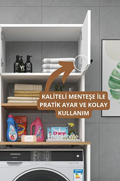 Reyo Home Enda Çamaşır Makinesi Dolabı 3 Raflı Kapaklı Banyo Dolabı Mat Beyaz