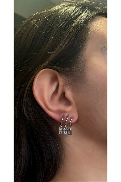 nevamor أقراط متدلية من الفولاذ ثلاثية المظهر فضية مستطيلة الشكل