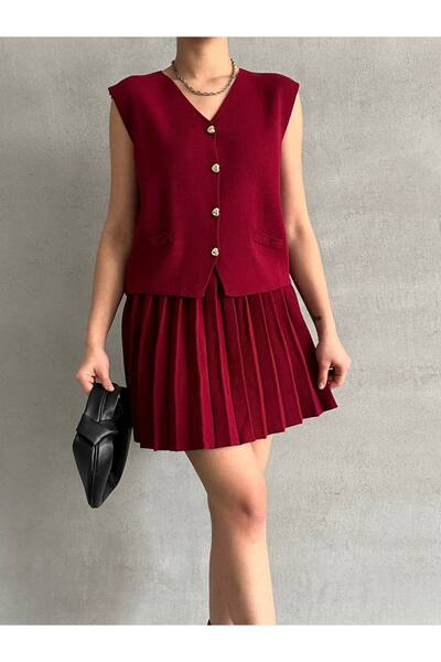 alenmoda Set with Knitwear Vest and Pleated Skirt