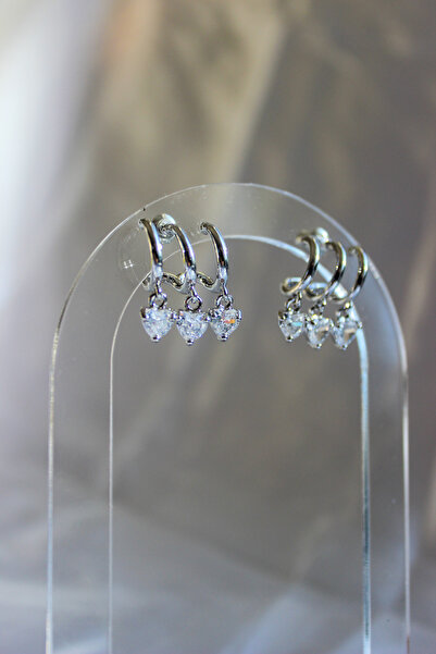 nevamor Steel Triple Look Silver Small Heart Model Dangle Earrings