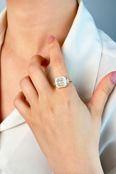 Sose Moda White Enameled Stone Square Ring - Gold