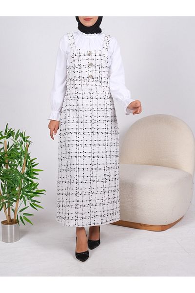 Modamorfo Ecru Salopet with Button Detail on the Front and Belt Corsage