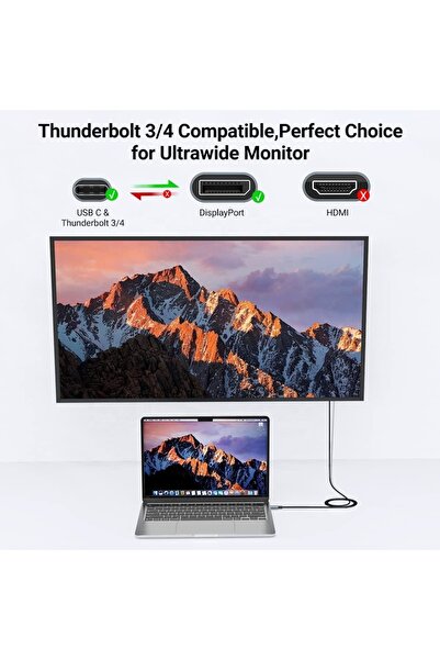 Coverzone Type-C to DP Kablo, 8K 60Hz 200cm Yüksek Hızlı, Tip C to Displayport Kablo 2 Metre ZR858