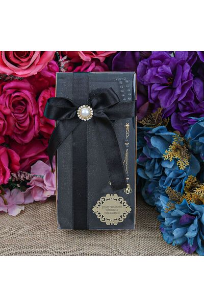 İkranur Black Cotton Gift Shawl and Pearl Prayer Beads - Rose Design