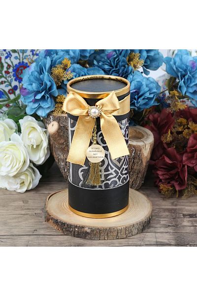 İkranur Gift Cylinder Acetate Box (18×10), Prayer Rug, Pearl Prayer Beads Set - Black