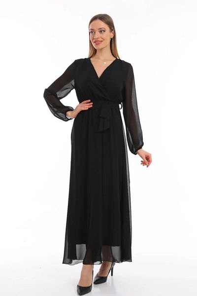 thezkscom Black Double Breasted Neckline Belted Plus Size Chiffon Dress Sk