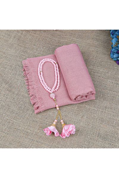 İkranur Pink Gift Shawl and Pearl Rosary - Pink with Roses