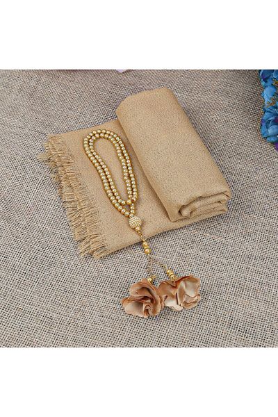İkranur Gold Shawl and Pearl Prayer Beads - Gift Rose Design