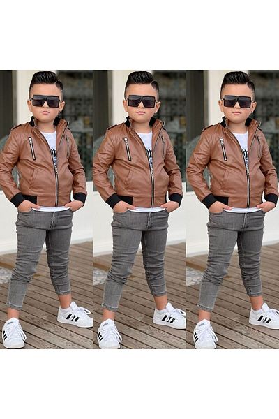 elfanto kıds Men's Cocuk Sun Leather Coat