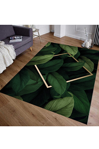 Emiroğlu 3d Doğal Yaprak Desen Yeşil - Siyah Süngerli Yüzey Makinede Yıkanabilir Kaymaz Taban Halı