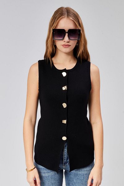 TF The Fancy For You Black Knitwear Vest - Fancy Women'S, Zero Sleeves and Buttons