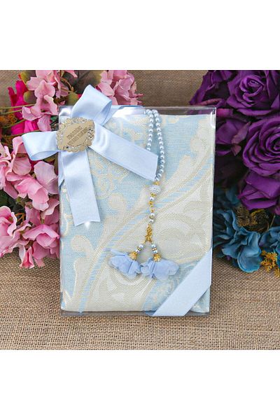 İkranur Gift Silk Nur Taffeta Prayer Rug Blue & Rose Pearl Rosary 8 Mm Blue