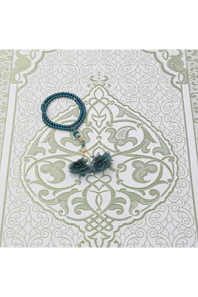 İkranur Gift Silk Nur Taffeta Prayer Rug Green & Rose Pearl Prayer Beads 8 Mm Green