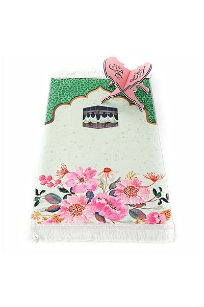 İkranur Children's Prayer Rug Kabe - Green 82×45 Cm 110 gr - With Rosary Gift
