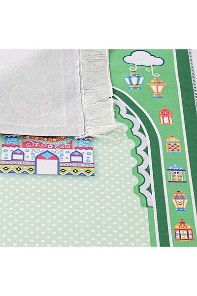 İkranur Children's Prayer Rug Sahra Green 82×45 Cm 110 gr - With Rosary Gift