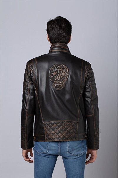 Deriderim Francis Black Blackout Back Skull Printed Biker Biker Men's Genuine Leather Coat with Zipper
