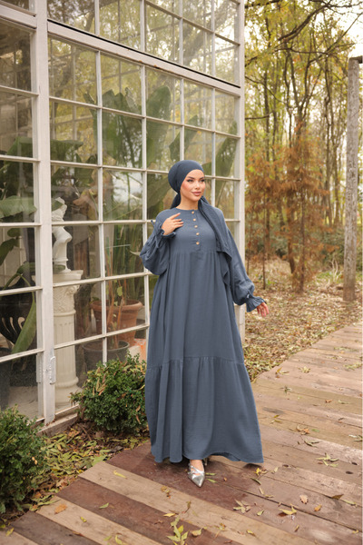 Nissra Ankanoor Navy Blue Half Placket Muslin Dress Anka 255055