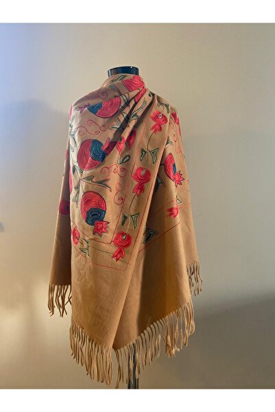 HERCHES Camel Colored Pomegranate Patterned Winter Shoulder Shawl