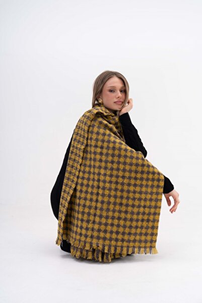 The Moirai Houndstooth Patterned Cashmere 100% Viscose Salmon-Brown Shawl