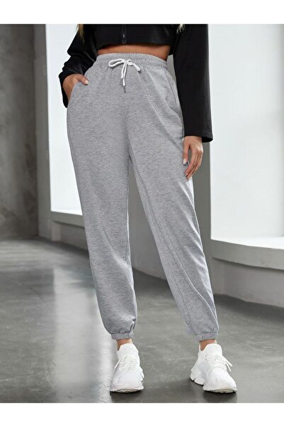 JustBS Pantaloni de trening pentru femei, gri cu 3 fire, sezonul din cauciuc