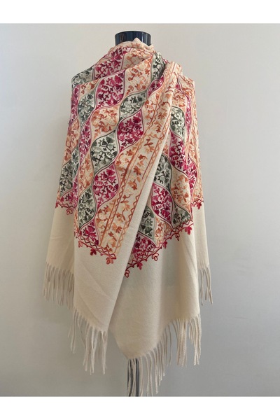 HERCHES Etnik Desen Nakışlı Kışlık Omuz Şalı - Krem