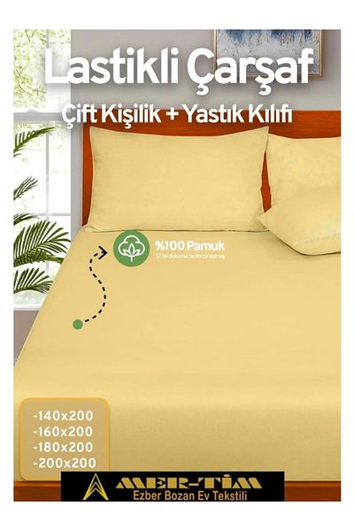 mer-tim ezberbozan ev tekstili Mer-Tim Cotton Ranforce Double Elastic Fitted Sheet and Pillowcase Set