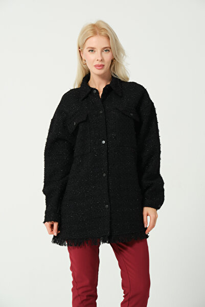 eva clothing Kadın Siyah Simli Çift Cepli Çıtçıtlı Püskül Detaylı Şanel Ceket 1234767Eva-1