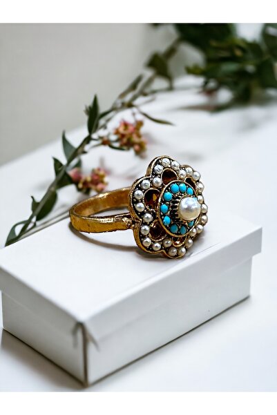 FAYRA ACCESSORIES İnci ve Turkuaz Taşlı Çiçek Figür Yüzük