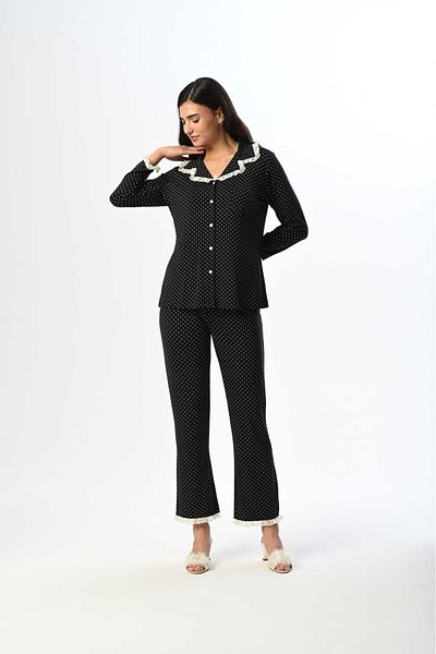 Marilyn Club Set pijama dama cu mâneci lungi, guler, buline