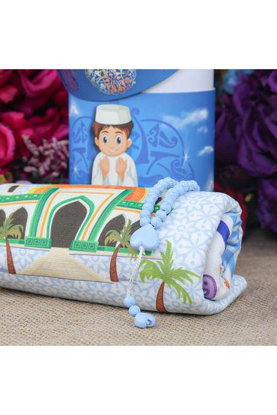 İkranur Children's Prayer Rug Kaaba Blue & Fragrant Heart Embroidered Baby Blue Rosary & First Step To Praye