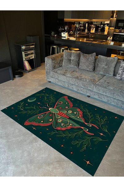 Rugs Modern Halı Ebru Collection Dark Green Themed Butterfly and Moon Pattern...