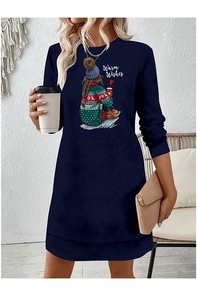 İpeksi Silky Women's Long Sleeve Crew Neck Patterned Viscose Two Thread Dress