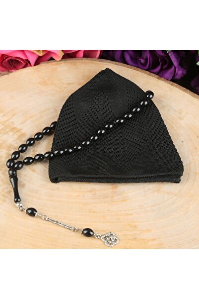 İkranur Hediyelik Takke, 33 lü Tesbih, Alkolsüz Esans 3 ml Asetat kutulu 12*15 cm 261 gram-Siyah