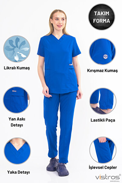 Vistros Medikal Doktor Hemşire Forması Likralı Kumaş Medikal Forma Cerrahi Ta...