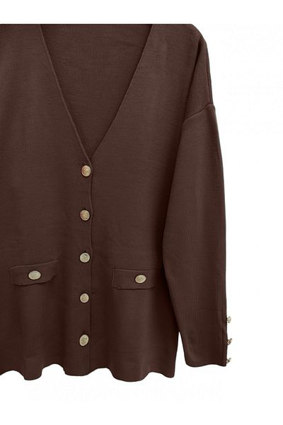 Modamorfo Metal Buttoned Cardigan with Pocket Detail -Brown