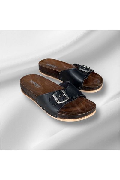 Esem Women's Black Single Buckle Comfort Sole Slippers