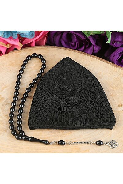 İkranur Hediyelik Takke, 33 lü Tesbih, Alkolsüz Esans 3 ml Asetat kutulu 12*15 cm 261 gram-Siyah