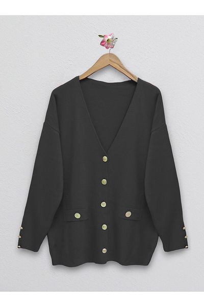 Modamorfo Metal Buttoned Cardigan with Pocket Detail - Black