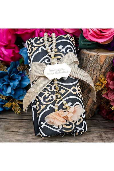 İkranur Gift Kaaba Door Prayer Rug & Pearl Rosary with Roses