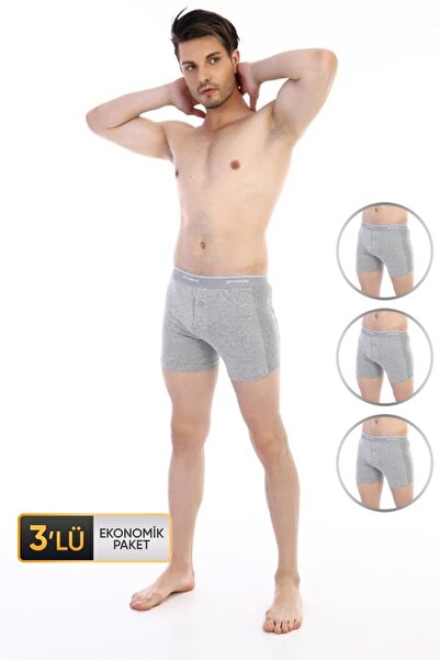 Çift Kaplan Erkek Elastanlı Biyeli Gri Melanj Boxer Şort 880 3'lü Ekonomik Paket