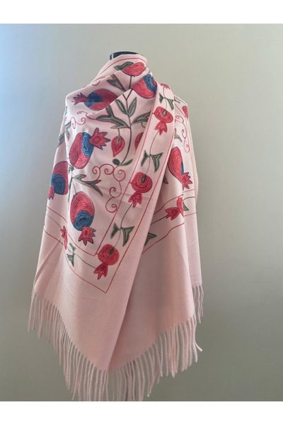 HERCHES Pomegranate Pattern Embroidered Winter Shoulder Shawl - Powder