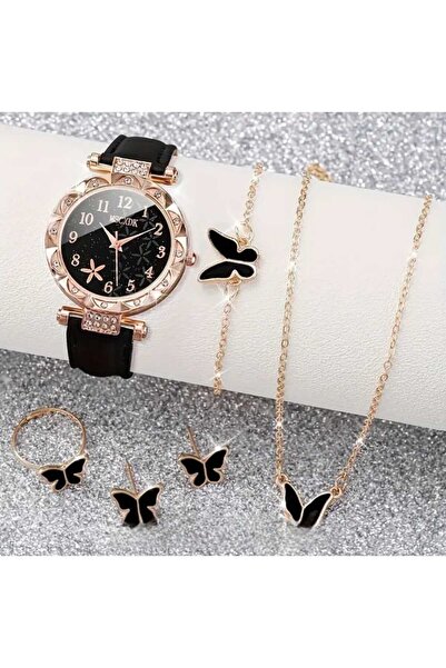 ÇAKIR Kadın Siyah Suni Deri Saat, Bileklik, Küpe ve Yüzük, Kelebek Desenli Sa...