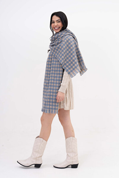 The Moirai Houndstooth Patterned Cashmere 100% Viscose Blue-Beige Shawl