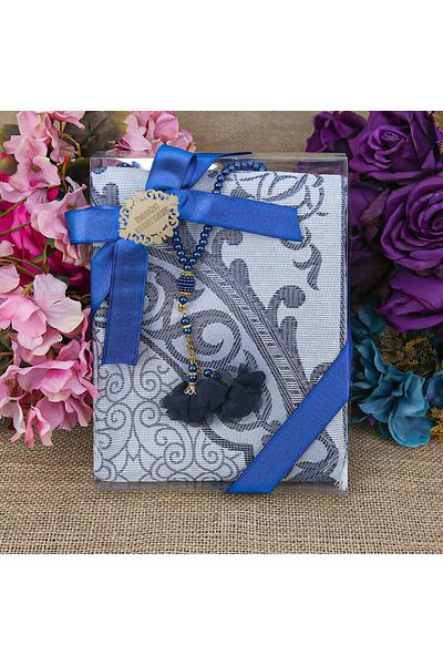 İkranur Gift Silk Nur Taffeta Prayer Rug Navy Blue & Rose Pearl Rosary 8 Mm Dark Blue