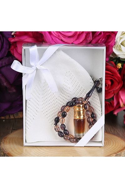 İkranur Gift Skullcap, 33 Prayer Beads, Non-Alcoholic Essence 3 ml with Acetate box 12*15 cm 261 grams-White